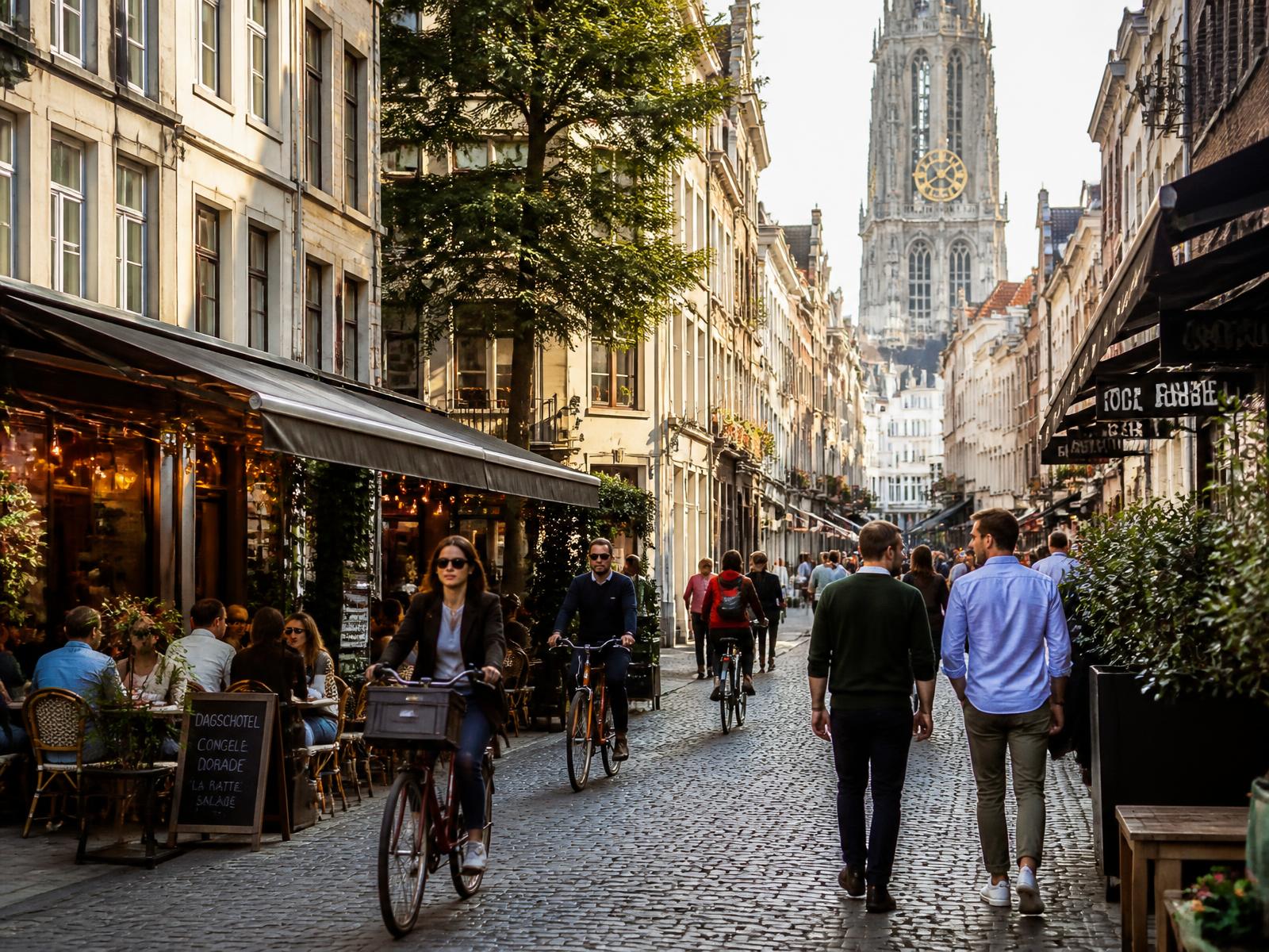 Busy cobbled street with cafés in the centre of Antwerp