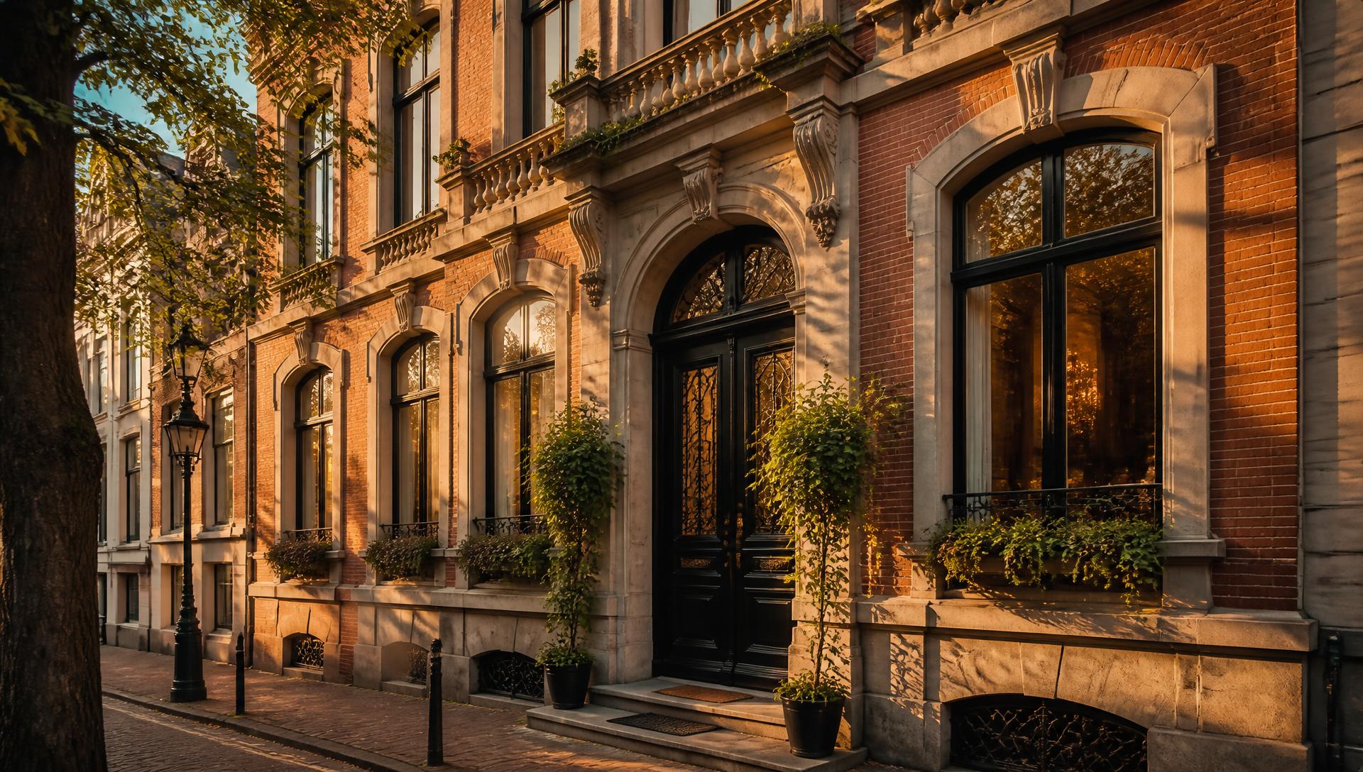 Historic town-house facade in the centre of Antwerp at golden hour